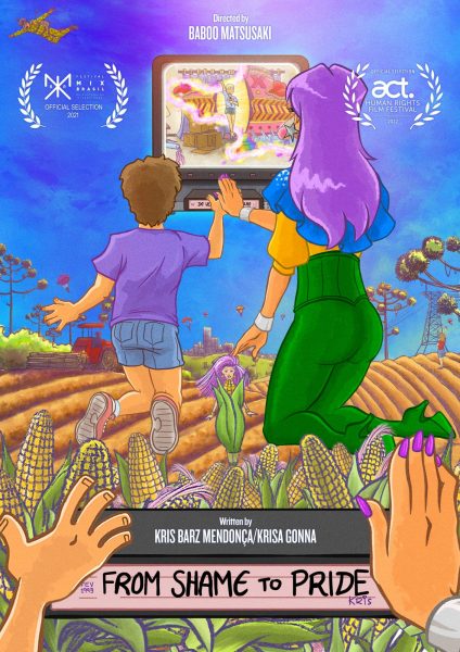Film poster for "From Shame to Pride" depicts cartoon of a corn field featuring a little boy and a woman with purple hair putting a videotape into a VCR.