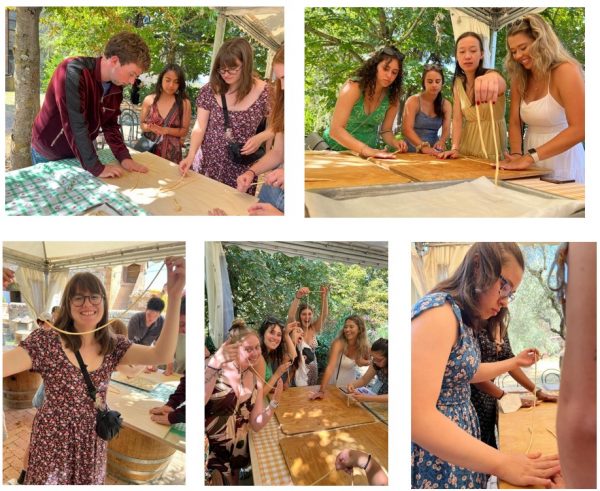 photo collage featuring students learning to make pasta in an outdoor setting surrounded by trees