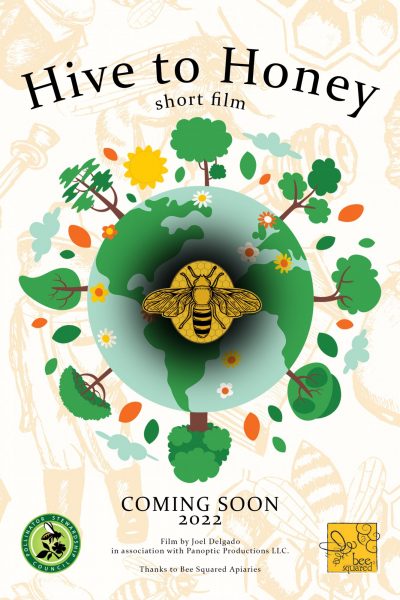 "Hive to Honey" film poster featuring digital image of a planet with trees and leaves with a large honeybee at the center, and a faded pattern of bees in the background