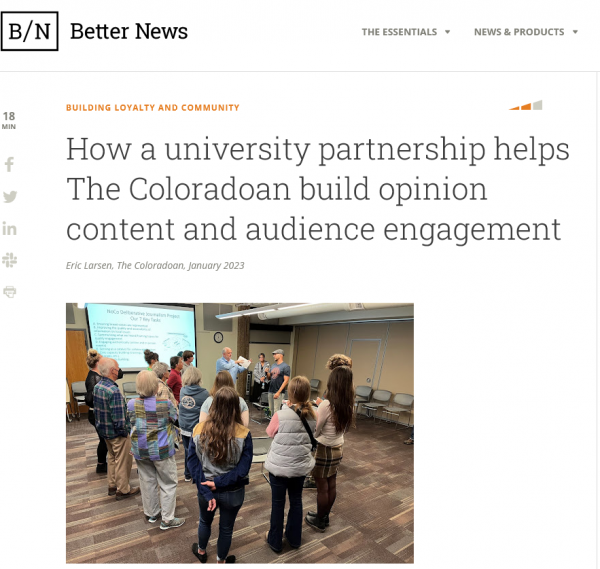 Screenshot of Better News website with same photo from header of people standing in a circle in a classroom talking together and text "B/N Better News. BUILDING LOYALTY AND COMMUNITY. How a university partnership helps The Coloradoan build opinion content and audience engagement. Eric Larsen, The Coloradoan, January 2023."