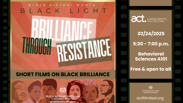 Graphic detailing Black Brilliance through Resistance during Black History Month on February 24 from 5:30 p.m. to 7:00 p.m. at Behavioral Sciences A101. The event is free and open to all. 