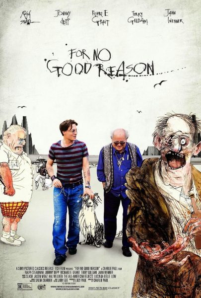 For no good reason poster with two men and cartoon drawings