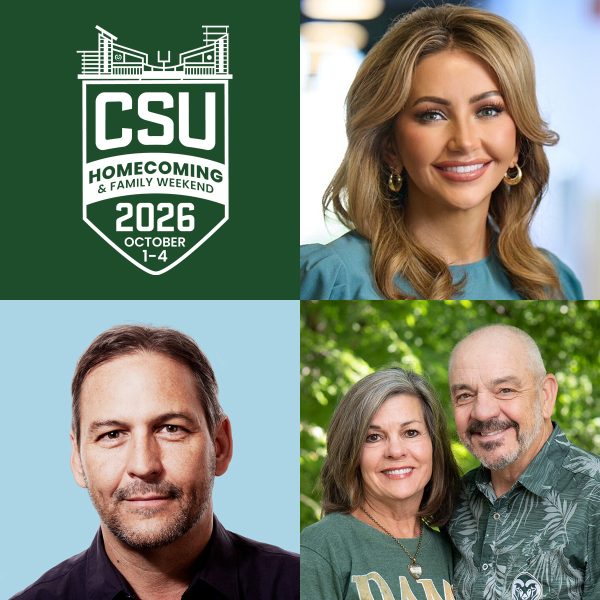 Kathleen Pitre, Joni & Gary Ozzello, and Joe Conrad headshots next to the CSU Homecoming and Family Weekend logo for 2026