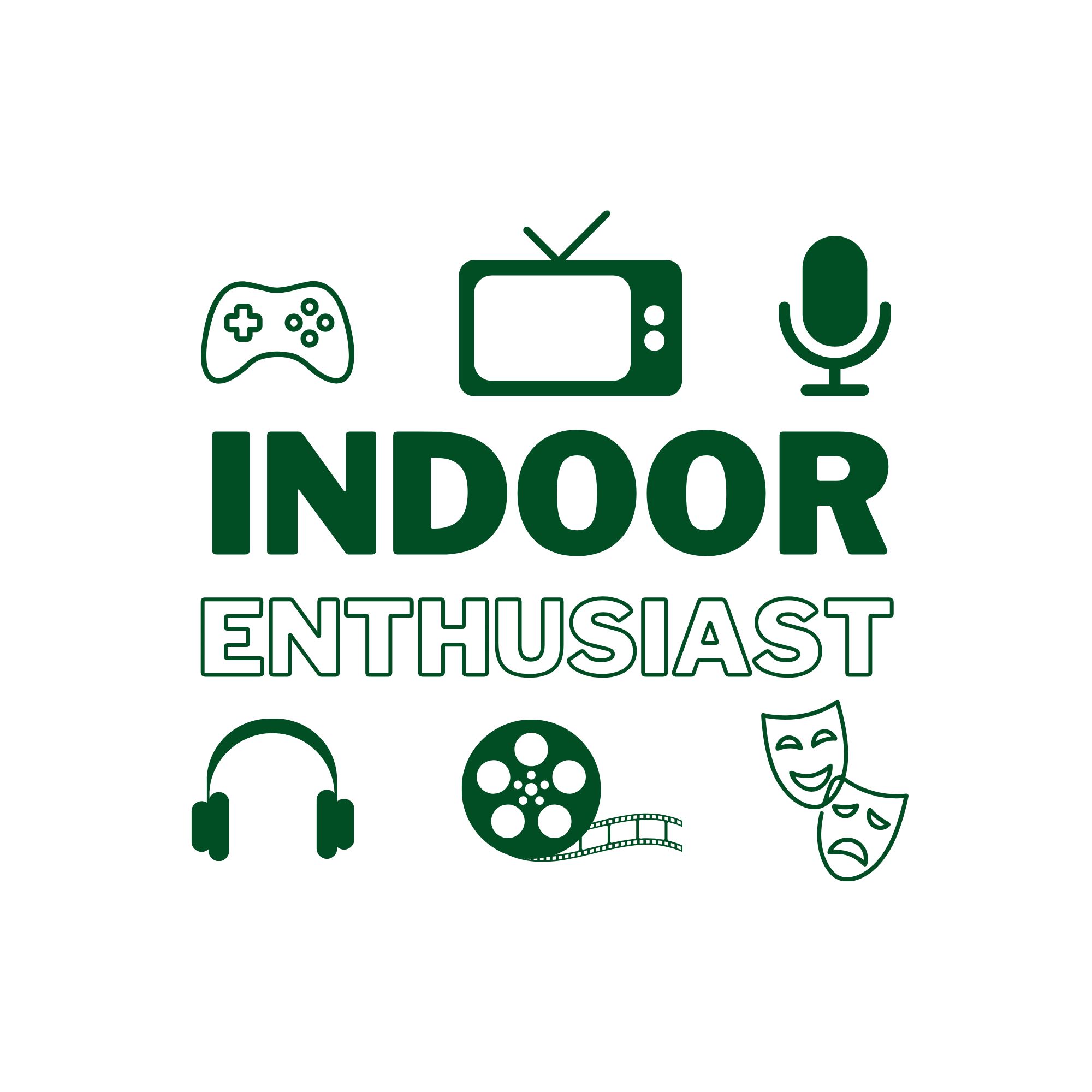 The words "Indoor Enthusiast" surrounded by icons for a gaming controller, a television, a microphone, headphones, a film strip, and drama masks