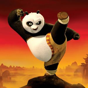 a cartoon image of a panda kicking high into the air