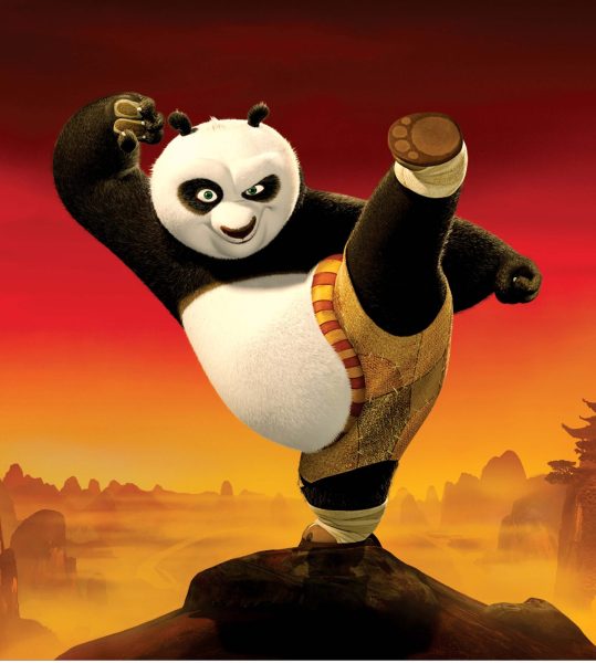 a cartoon image of a panda kicking high into the air