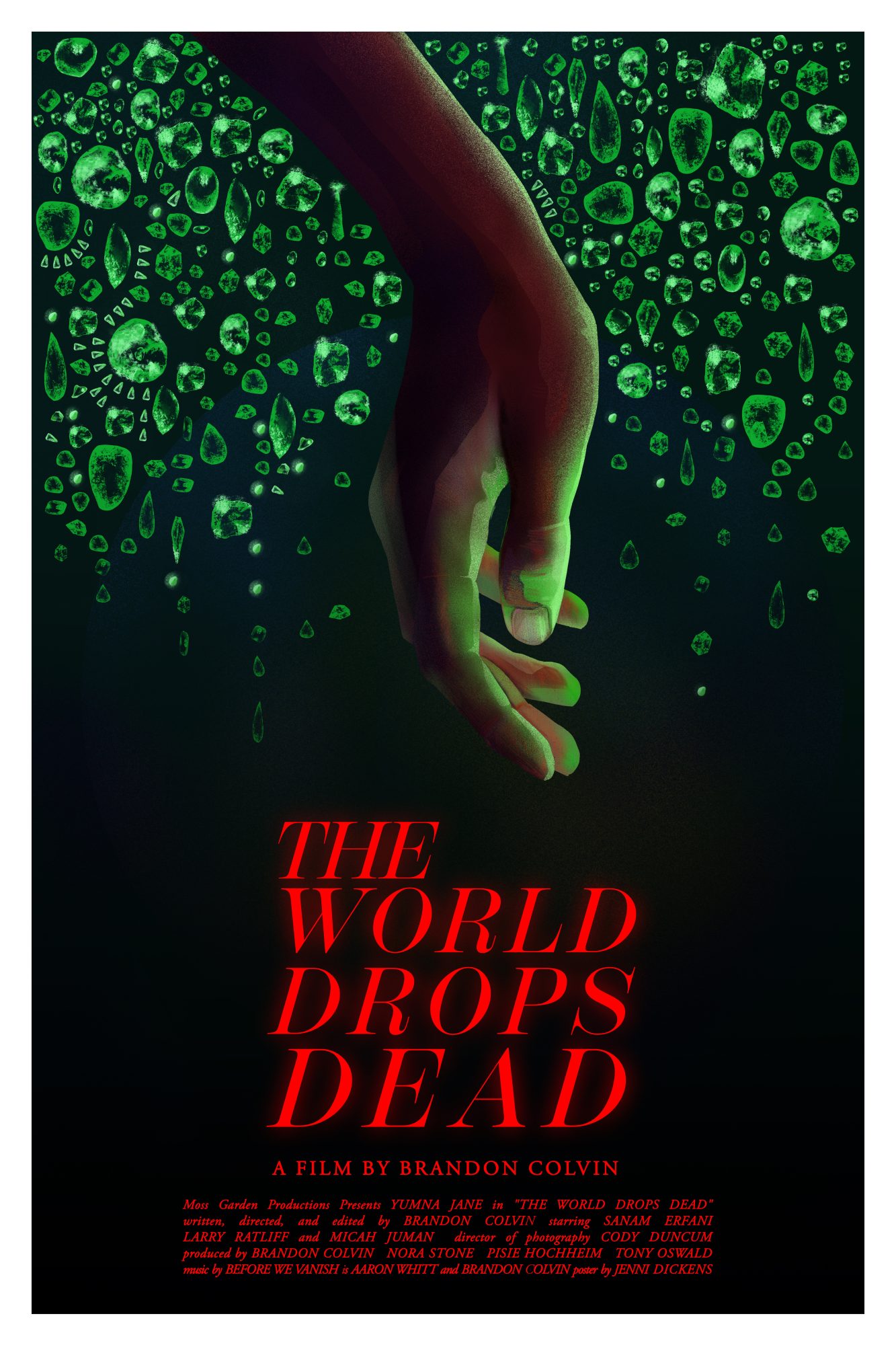 The World Drops Dead film poster with red text and a hand hanging with a green bubble background.