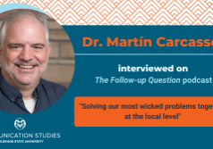 Decorative image with photo of Dr. Martín Carcasson and text "Dr. Martín Carcasson interviewed onThe Follow-up Question podcast: 'Solving our most wicked problems together at the local level'"