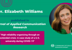 Decorative image featuring photo of Dr. Elizabeth Williams and text: "Dr. Elizabeth Williams published in Journal of Applied Communication Research. 'High reliability organizing through an extended crisis: A case study of a U.S. university during COVID-19'"