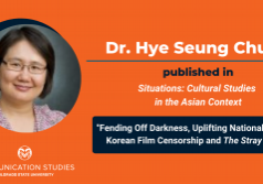 Decorative image featuring photo of Professor Hye Seung Chung and text: "Dr. Hye Seung Chung published in Situations: Cultural Studies in the Asian Context: 'Fending Off Darkness, Uplifting National Cinema: Korean Film Censorship and The Stray Bullet'" along with the logo for Communication Studies at Colorado State University
